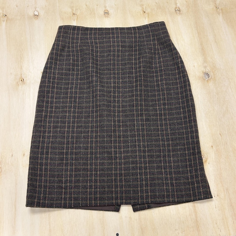 ADOLFO International Skirt Womens 12 Brown Plaid Wool Pencil Knee Length Lined